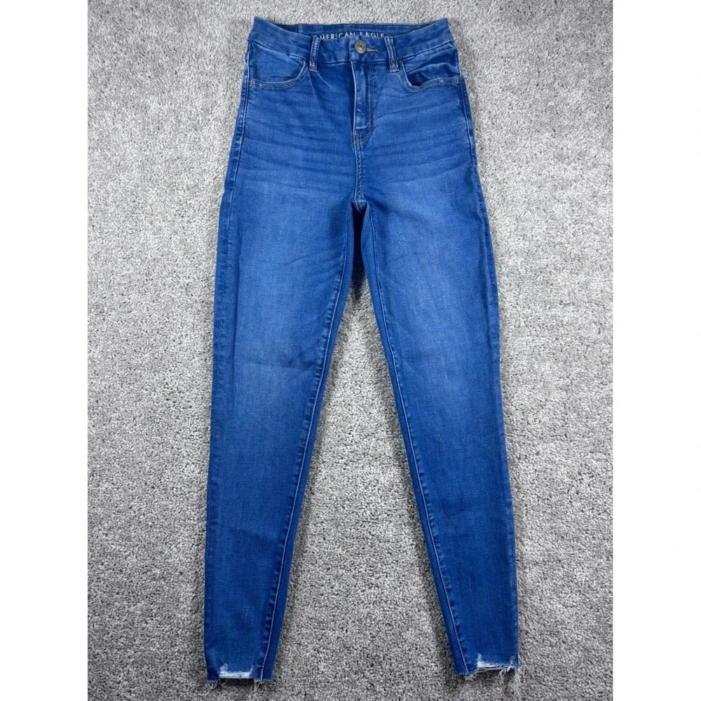 American Eagle Ne(X)t Level Stretch Jeggings‎ Blue Wash Distressed Hem Size 2
